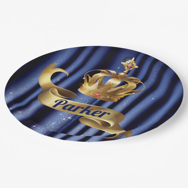 Assiettes En Carton Royal Blue Gold Prince Anniversaire (Angle)