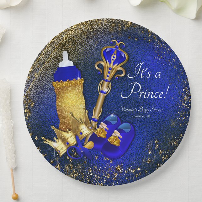 Assiettes En Carton Royal Blue Gold Prince Baby shower (You can change the text as needed for your event.)