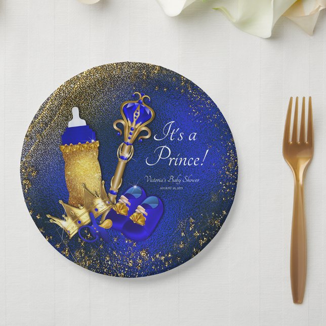 Assiettes En Carton Royal Blue Gold Prince Baby shower (You can change all text as needed for your event.)