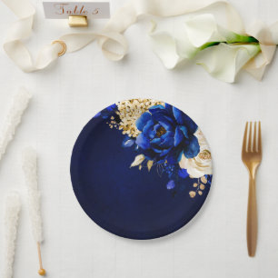 Assiettes En Carton Royal Blue Jaune or métal métal Mariage floral Pap