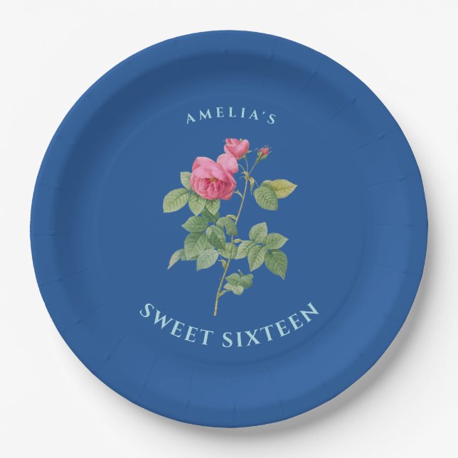 Assiettes En Carton Royal Blue Sweet 16 Floral (Devant)