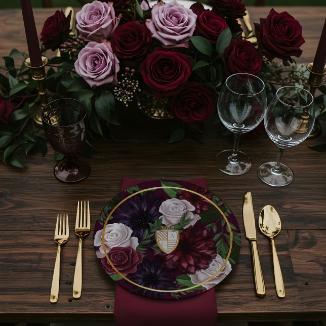 Assiettes En Carton Royal Muse Imaginaire médiéval Crest & Floral Mari (Royal Muse Medieval Fantasy Crest & Floral Wedding Paper Plates)