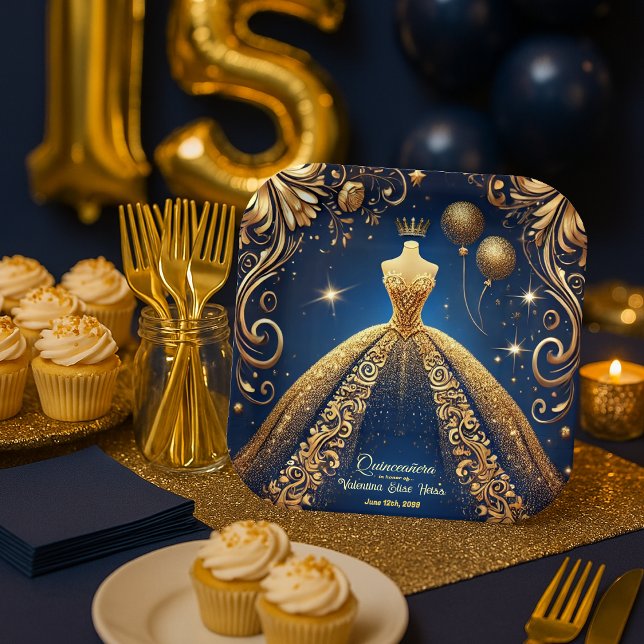 Assiettes En Carton Royal Quinceañera Gold et Navy Princess Thème (Créateur téléchargé)