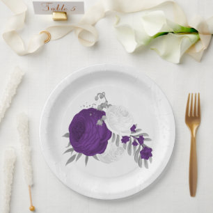 Assiettes En Carton royal violet et fleurs blanches argent