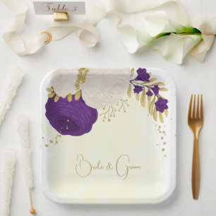Assiettes En Carton royal violet & fleurs blanches or