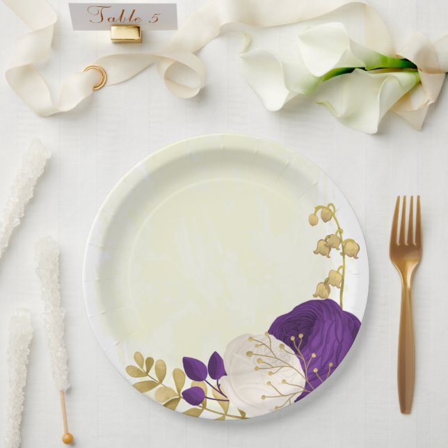 Assiettes En Carton royal violet & fleurs blanches or (Mariage)