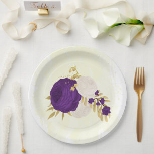 Assiettes En Carton royal violet & fleurs blanches or