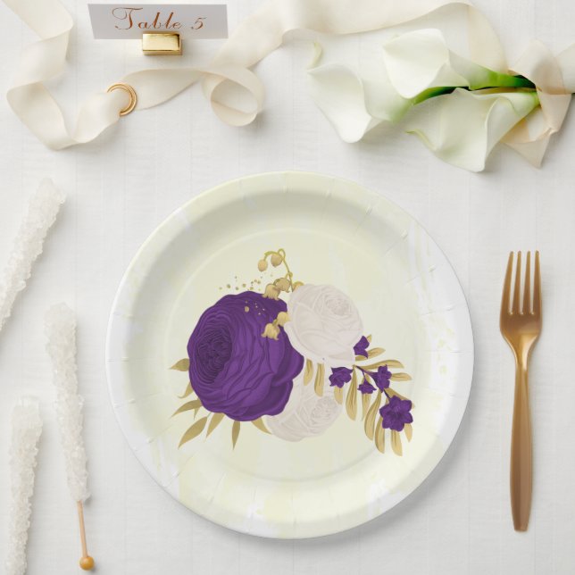 Assiettes En Carton royal violet & fleurs blanches or (Mariage)