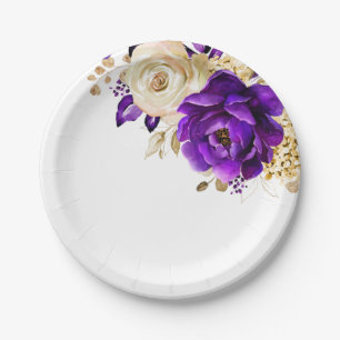 Assiettes En Carton Royal violet violet or Floral Mariage botanique