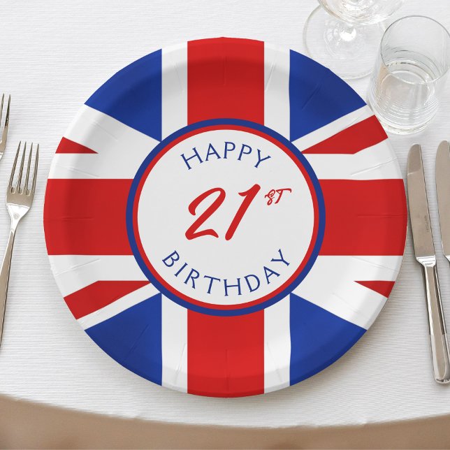 Assiettes En Carton Royaume-Uni Royaume-Uni britannique Joyeux anniver (UK United kingdom flag happy 21st birthday paper plates)
