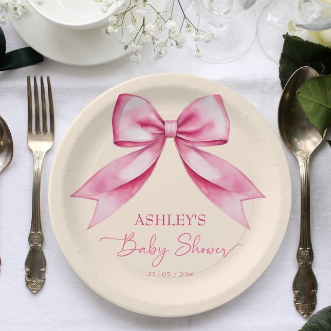 Assiettes En Carton Ruban arc rose baby shower mignon élégant modèle (Pink bow ribbon baby shower cute elegant template paper plates personalized tableware decor cute bow)