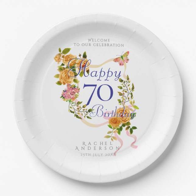 Assiettes En Carton Ruban de rose dorée 70e anniversaire (Devant)