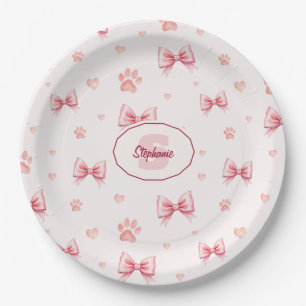 Assiettes En Carton Ruban rose, Coeur et Motif Empreinte de patte - Ro