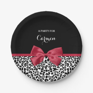 Assiettes En Carton Ruban rouge vif Empreinte de léopard avec nom