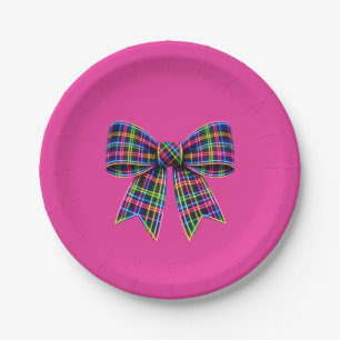 Assiettes En Carton Ruban Tartan à Nœud Néon Rose Écossais Mignon