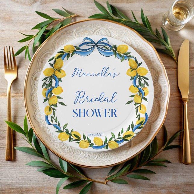 Assiettes En Carton Rubans à nœud papillon bleu citrons douche de mari (Lemons blue bow ribbon citrus Italian bridal shower monogrammed paper plates personalized decor)