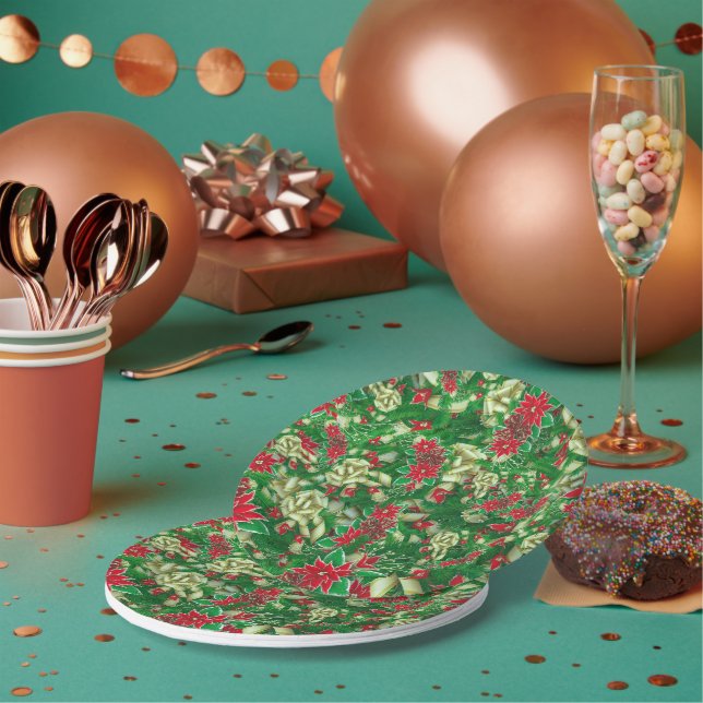 Assiettes En Carton Rubans Feuille Poinsettia Fir Noël Floral | (Multi)