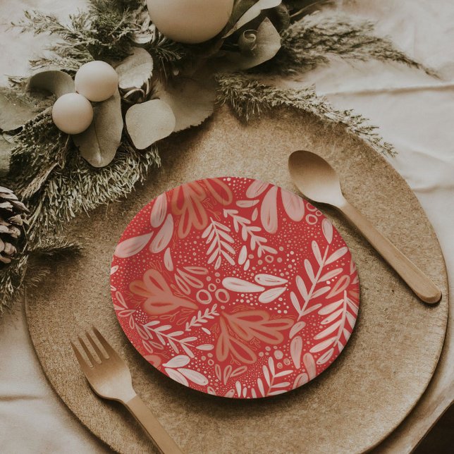 Assiettes En Carton Rubrique rouge | Plaques botaniques festives (Red Bramble | Festive botanical holiday party paper plates)