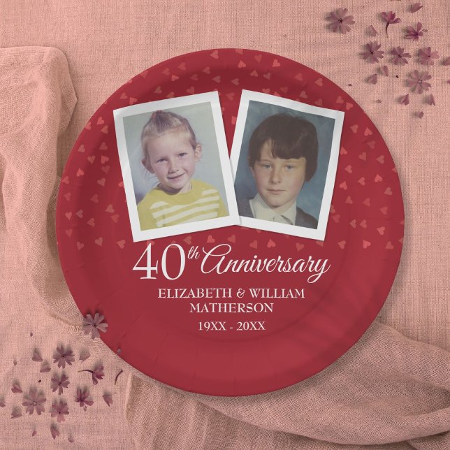 Assiettes En Carton Ruby 40e anniversaire du Mariage 2 Photo (Ruby 40th Wedding Anniversary 2 Photo Paper Plates)