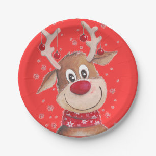 Assiettes En Carton Rudolf la vaisselle rouge de renne de nez