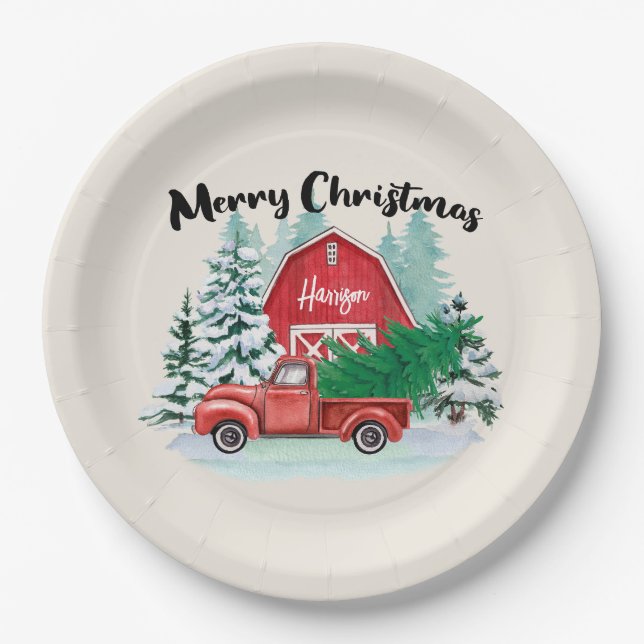 Assiettes En Carton Russe Camion Rouge Ferme Noël Personnalisé (Devant)