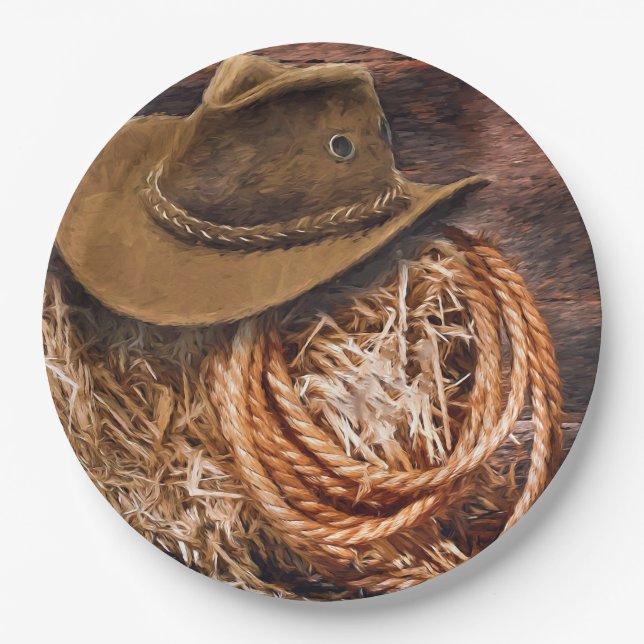 Assiettes En Carton Russe Cowboy Casquette corde Hay Photo (Devant)