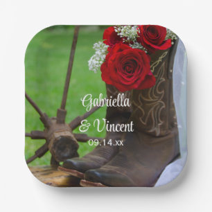 Assiettes En Carton Russe Roses rouges et Bottes de cowboy Mariage occ