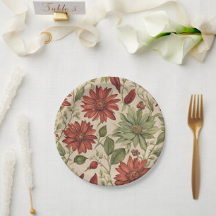 Assiettes En Carton Russe Sage Vert & Bourgogne Rouge Floral Automne