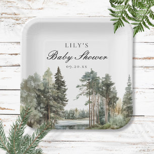 Assiettes En Carton Russe Watercolor Lake Forest Baby shower forestier