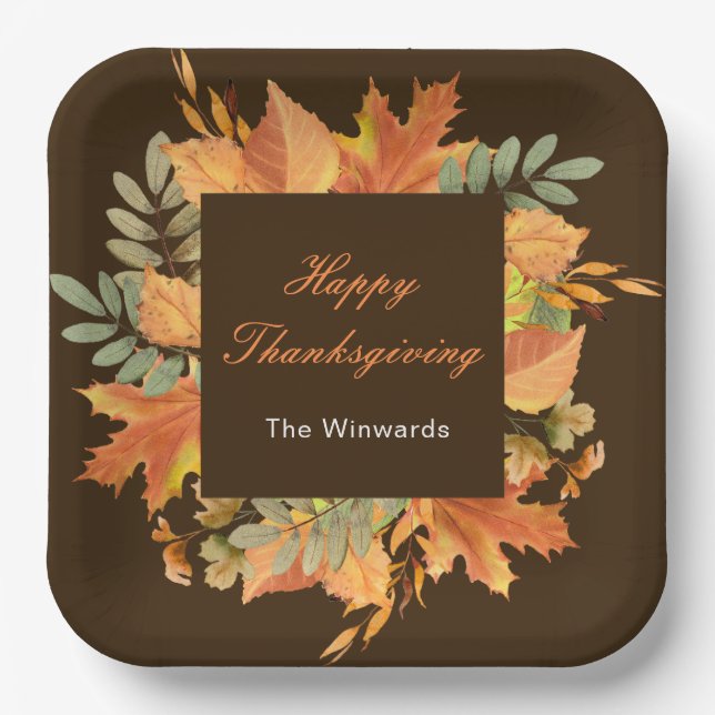 Assiettes En Carton Rustic Autumn Fall Leaves Square Thanksgiving  (Recto)