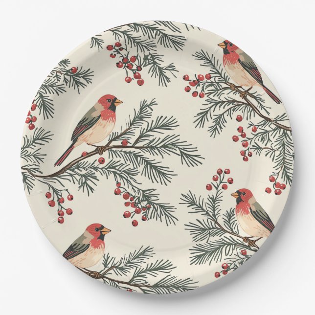 Assiettes En Carton Rustic Bird et Poinsettia Motif de Noël (16) (Devant)