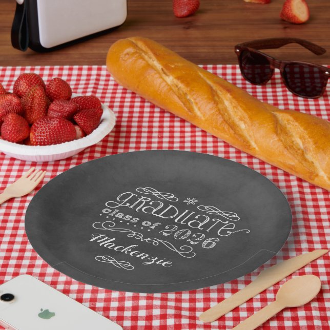 Assiettes En Carton Rustic Black Chalkboard Custom 2025 Nom du diplômé (Pique-nique)