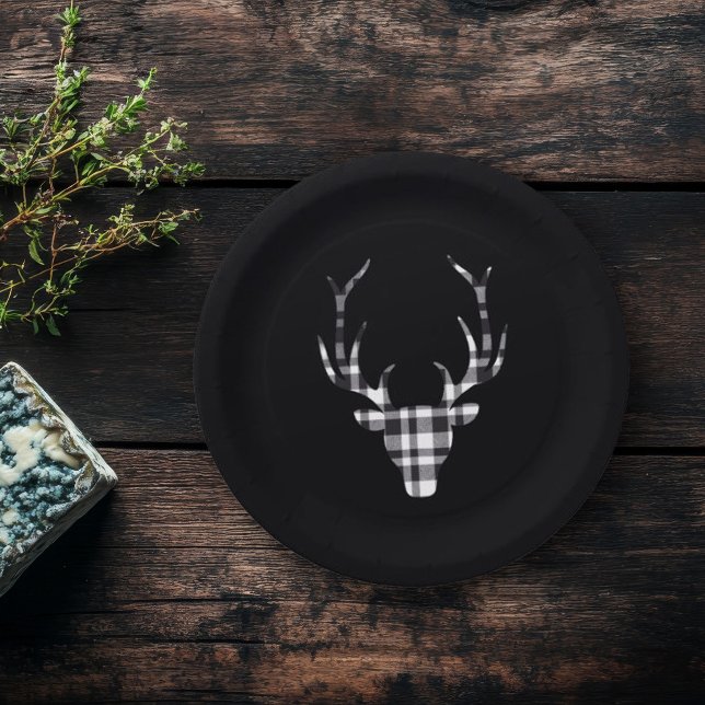 Assiettes En Carton Rustic Elegant Plaid Deer Christmas Paper Plates (elegant chic paper plate. modern plaid check deer design)