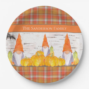 Assiettes En Carton Rustic Fall Gnome orange plaid citrouille