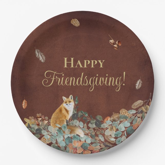 Assiettes En Carton Rustic Fall Leaves et Fox Friendsgiving (Devant)