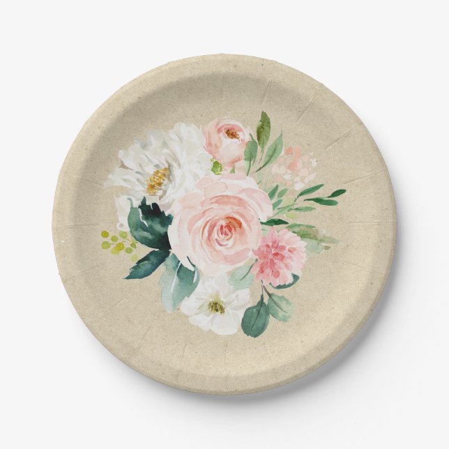 Assiettes En Carton Rustic Kraft & Floral Aquarelle Rose Pâle Mignon (Devant)