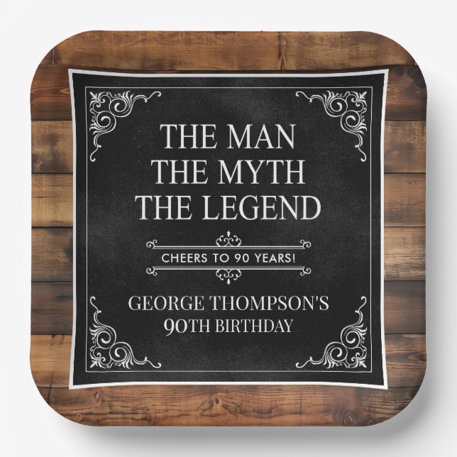 Assiettes En Carton Rustic Man Myth Légende 90e anniversaire Noir (Recto)