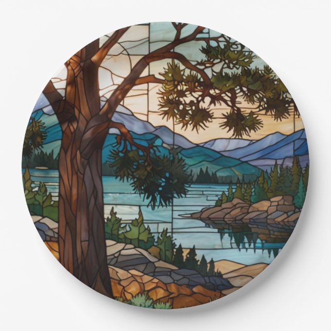 Assiettes En Carton Rustic mountain range landscape stain glass  (Devant)