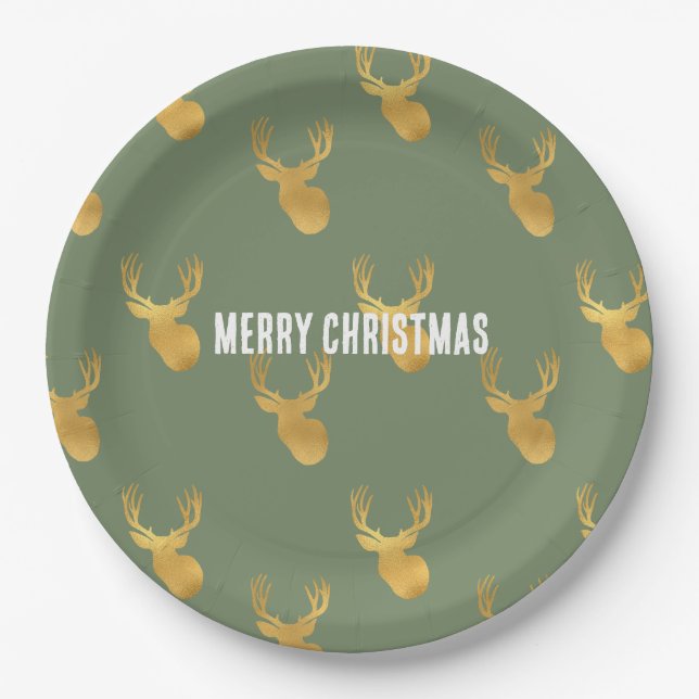 Assiettes En Carton Rustic Olive Green Gold Deer Christmas (Devant)