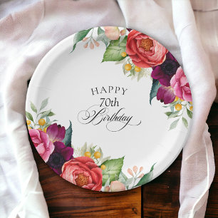 Assiettes En Carton Rustic Watercolor Floral 70e fête d'anniversaire