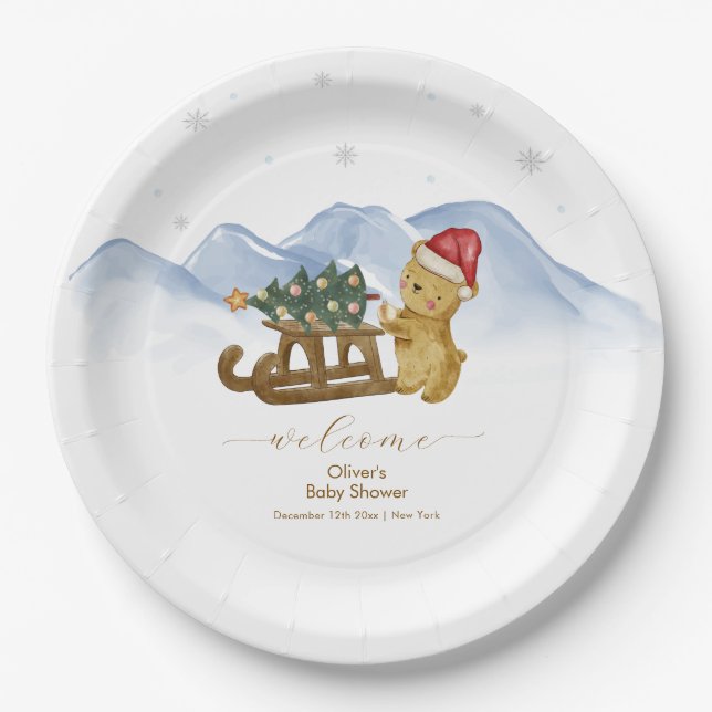 Assiettes En Carton Rustic Winter Sleigh Bear Baby Shower Welcome (Devant)