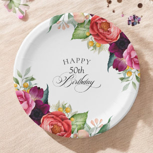 Assiettes En Carton Rustique aquarelle Floral 50e fête d'anniversaire