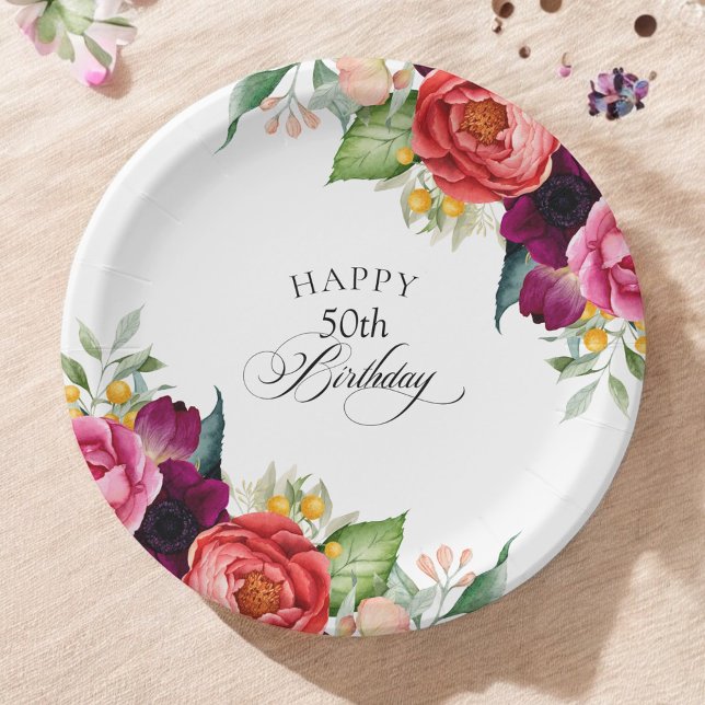 Assiettes En Carton Rustique aquarelle Floral 50e fête d'anniversaire (Créateur téléchargé)