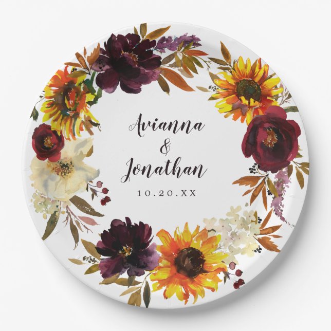 Assiettes En Carton Rustique Automne Floral Mariage Merci (Devant)