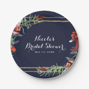 Assiettes En Carton Rustique Automne Marsala Floral Bleu Nuit Or Maria