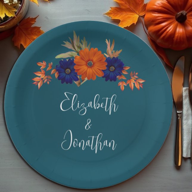 Assiettes En Carton Rustique Automne Orange Navy Bleu Floral Mariage (Créateur téléchargé)