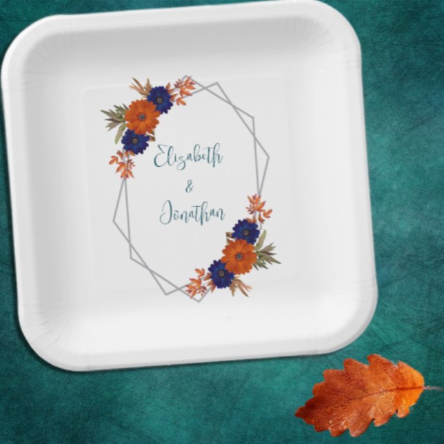 Assiettes En Carton Rustique Automne Orange Navy Bleu Floral Mariage (Créateur téléchargé)