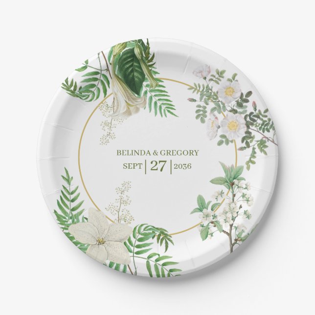 Assiettes En Carton Rustique blanc vert aquarelle Mariage or Floral (Devant)
