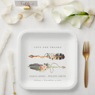 Assiettes En Carton Rustique Boho Feather Floral Flèche Mariage Merci