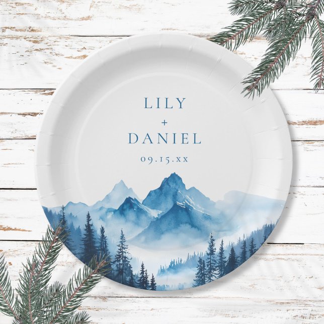 Assiettes En Carton Rustique Boho Watercolor Blue Mountains Mariage (Rustic Boho Watercolor Blue Mountains Wedding Paper Plates)